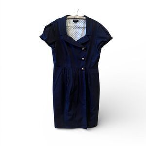 Tahari Fit & Flair Sailor Midi Dress Sz 12 Blue Buttons Pleated V-neck Collar